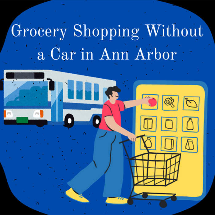 Illustration of an individual grocery shopping with a bus in the background.