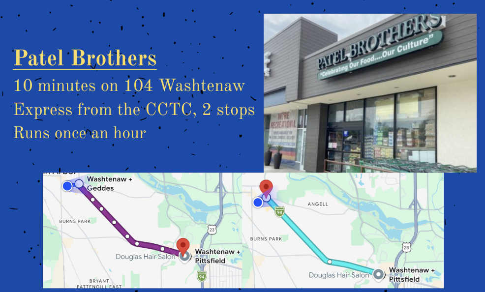 Map of bus route to Patel Brothers and photo of store exterior.