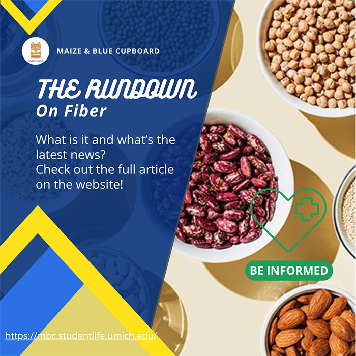 Bowls of chickpeas, almonds, and other assorted nuts captioned "The Rundown on Fiber What is it and what's the latest news? Check out the full article on the website!"